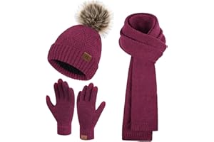 BEQUEMER LADEN Femmes Hiver Chaud Bonnet Pompon Longue Echarpe Gants Tactiles Ensemble Tricot avec Doublure Polaire Thermique Cadeaux Noel Femme