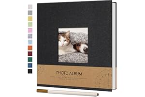 Vienrose Self Adhesive Photo Album with Picture Window for 4 x 6 Photos, Linen Cover DIY Scrap Book Album 40 White Pages for Travel, Photo Book with a Ballpoint Pen, 17 x 18 cm, Black