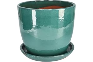 KOTARBAU® Pot de fleurs de jardin, diamètre : 31 cm, en céramique émaillée, turquoise, avec bac d'égouttement