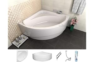 ECOLAM symmetrische Badewanne Eckbadewanne Standard Polimat Acryl weiß 140x140 cm + Schürze Ablaufgarnitur Ab- und Überlauf Automatik Füße Silikon Komplett-Set