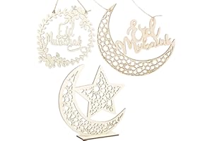 BHGT 3 Pz Ramadan Decorazione Legno Ornamenti Tavolo Ciondolo Mezzaluna Stelle Artigianato per Festa Eid Mubarak Casa Matrimonio Islam Musulmana Fai da Te