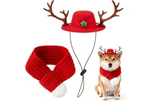GwaOery Dog Christmas Costumes, Pet Reindeer Hat and Scarf Christmas Outfit Small Dogs Cats Clothes Puppy New Year Party Supplies Adjustable Headdress Apparel for Winter Warm Holiday (Red M)