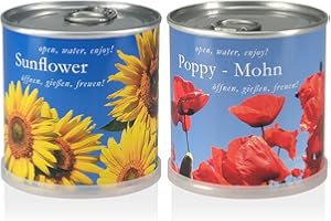 MacFlowers | Piccolo set di coltivazione con girasole e papaveri | Design blu soldi e rosso | Set regalo con due varietà di semi in graziosi barattoli di fiori istantanei