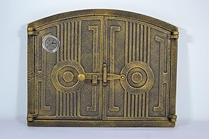 SEZAM leichte Doppeltür für Backöfen aus Gusseisen mit Thermometer 500 °C - mit Türriegel, halbrund, Pizzaofentür - Brotofen - Steinofentür, 48 x 3 x 38 cm, goldfarben bemalt