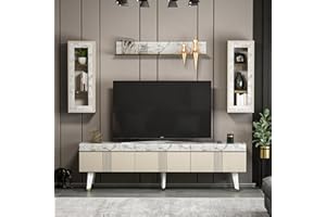 ‎HOMIDEA Homidea KARYA Wohnwand – Wohnzimmer TV Set – TV Schrank – TV Lowboard – Fernsehtisch - TV Möbel mit 3 Türen in modernem Design (Beige/Marmor)
