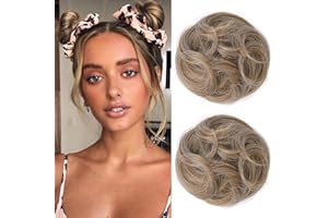 REECHO Space Bun Hair Pieces, 2 PCS Mini Claw Clip in Messy & Cat Ears Fake Hair Bun Extensions Wig Accessory Updo Hairpieces for Women Girls (Pack of 2-3.5" Wavy, Dark Blonde)