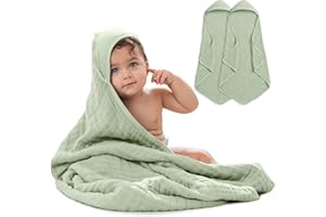 COMFY CUBS 2 Pack Baby Hooded 9 Layer Muslin Cotton Towel for Kids, Large 32” x 32”, Ultra Soft, Warm, and Absorbent. Baby Essentials Bath Towels, Cute Unisex Cover for Girls and Boys (2 Pack, Sage)