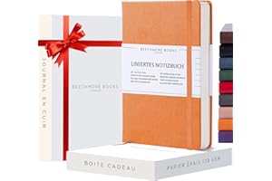 ‎BEECHMORE BOOKS Beechmore Books Notizbuch liniert - A5, Orange I Premium Hardcover Journal Buch aus veganem Leder, 120gsm creme Papier, inkl Geschenkbox, für Schriftsteller, Journalisten, Meetings & Studenten