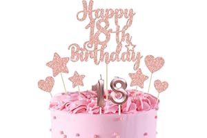 Gyufise 15Pcs Happy 18th Birthday Cake Topper Set with Heart Star Glitter Cheers to 18 Years Cake Picks Number 18 Candles Cake Decorations for Happy 18th Birthday Anniversary Party Supplies Rose Gold