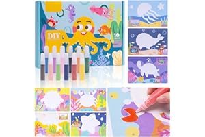 Toptime Sandbild, Sandbilder Kinder mit 12 Farbige Sandflasche und 16 Blatt Meerestier Sandkunst, Färbbare Bastelsets für Kinder Mädchen Jungen, Peel und Stick Sand Art Kreativset, 19.5x13 cm