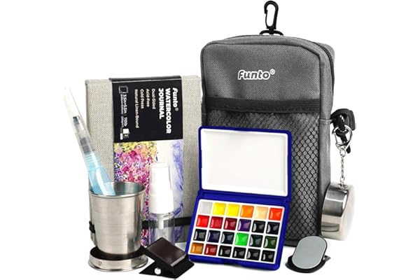 Funto Mini Watercolor Paint Set, Kit de peinture acrylique tout-en-un de voyage premium avec 24 couleurs, avec sac à bandoulière, carnet de croquis à l'aquarelle, idéal pour les amateurs d'art