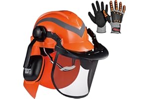 SAFEYEAR Pro Casco Forestale con Cuffie Regolabili, Visiera a Maglie & Occhiali Antiurto. M-5009OR Casco di Sicurezza EN397 per Motoseghe, Lavori Forestali, Edile e Industria.