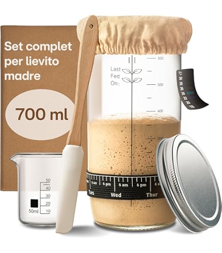 Set 9 Pezzi Per Lievito Naturale – Contenitore In Vetro 900ml Con Coperchio In Legno, Spatola, Termometro E Copertura In Tessuto