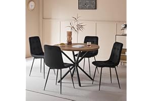 DEYARNA HOME Essgruppe 5-Teilig, 100cm Runder Esstisch und 4 Esszimmerstühle (Holländisches Vlies), Tisch und 4 Stühle für Küche, Wohnzimmer, Balkon, Restaurant, Büro (Dunkle Holzfarbe+Schwarz)