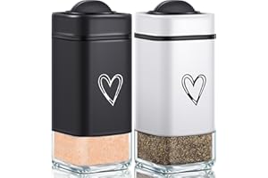 ZTUOK Salt and Pepper Shaker Set with Adjustable Pour Holes, Cute Heart Pattern Salt Shaker with Clear Glass Base, Refillable Salt Shaker, Perfect for Kitchen Utensils, Cooking Table (Black+)