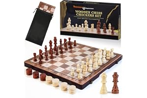 Bravmate 2 in 1 Magnetisches Schachspiel aus Holz und Dame, 15 Zoll Klappschachbrett mit Figurenaufbewahrungsplätzen, tragbares Reiseschachspiel für Kinder Erwachsene Anfänger Alter 3+