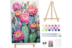 GHHKUD Kit di pittura con i numeri per adulti, kit fai da te per bambini o principianti, con tela incorniciata e cavalletto in legno, paesaggi, cactus, piante, disegno, pittura artistica e artigianato
