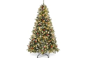 YITAHOME 182cm Künstlicher Weihnachtsbaum, Vorgeschmückt mit Schnee & 250 LED Beleuchtung, 58 Kiefernzapfen, 58 Beeren, ca. 818 Spitzen, Tannenbaum mit Klappsystem & Metallständer, 182 x Φ95cm