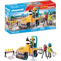 Set Playmobil Vintage 3314 - Chantier Avec Rouleau Compresseur Et Ouvrier, Année 1975 - Bon état