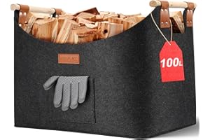 Ezilif Panier à bois pour bois de cheminée - Taille XXL - Avec double cuir renforcé - 100 l - En feutre - Avec poche avant - Pliable - 60 x 40 x 40 cm