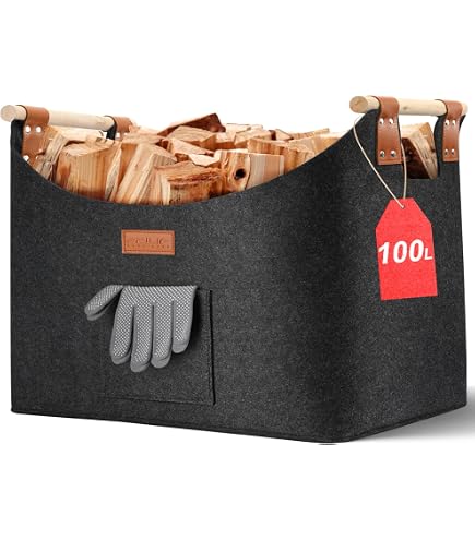 Panier à Bûches XXL En Feutre - 55x32x40 Cm, Capacité 70L - Poignées Bois - Pliable, Supporte Jusqu'à 30 Kg