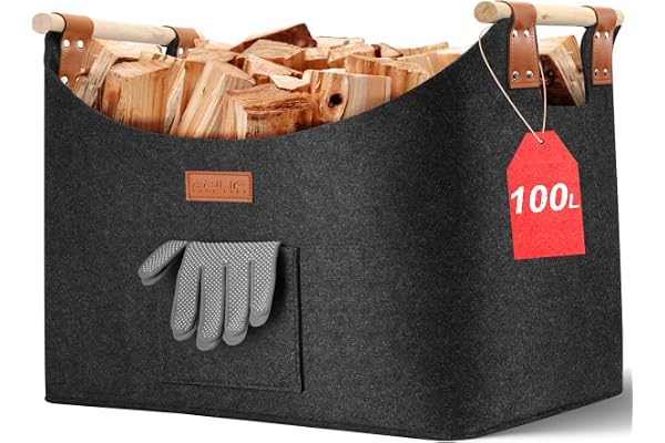Ezilif Träkorg stor vedkorg XXL med förstärkt dubbelläder 100 l filt med framficka, vikbar vedkorg 60 x 40 x 40 cm