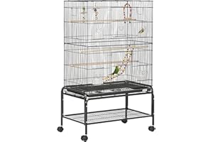 PawHut klatka dla ptaków na kółkach z 4 karmnikami i 3 okonami 79 x 49 x 133 cm czarna