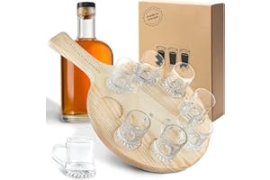Smart-Planet Planche à liqueur avec 8 verres à shot comme mini pichet à bière, ronde en bois de hêtre – Verres à liqueur sur planche en bois avec inscription – Cadeaux pour hommes