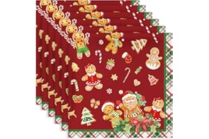 ‎ARQUIEL Arquiel Servietten Rote Weihnachten Lebkuchen 6er Set, Stoffservietten 100% Baumwolle Dekoratives Weiches Wiederverwendbare Esstisch Servietten für Weihnachten Küche Party(45×45cm)