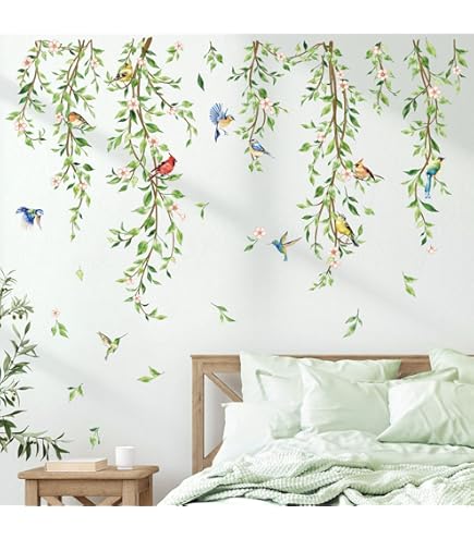 wondever Stickers Muraux Grand Fleur de Cerisier Arbre Rose Autocollants Muraux Mural Stickers Fleurs Pendantes Branche Oiseaux pour Chambre Salon Bureau Mur TV