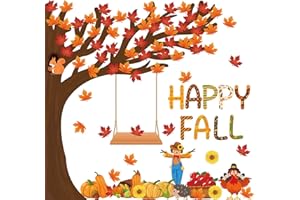Haooryx 155Pcs Autumn Tree Classroom Decoration Cutout Set Thanksgiving Tree School Bulletin Board Paper Cutouts Happy Fall Home Kindergarten Wall Decor Maple Leaves Scarecrow Pumpkin Turkey Cut-Out
