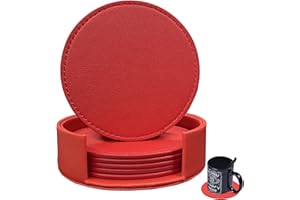 RICHSUM Coasters Set of 6 Soft Leather Drink Coaster Round Coaster with Sewing Around, Suitable for Various Cups, Wooden Tables,Home Decoration,4 Inches(Red)