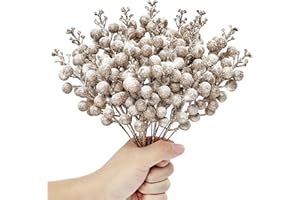 Kunjocy 12 Pcs Snowy Christmas Glitter Berries Stems, Frosted Christmas Berries Decorations Artificial Christmas Berries Picks for Christmas Wreath Garland Xmas Tree Ornament (Champagne)