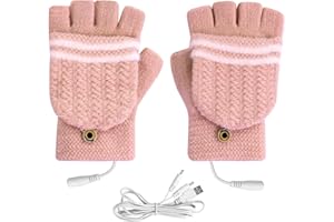 Flintronic Guantes Calefactables USB, Guantes Térmicos USB Unisex de Invierno, Guantes de Medio Dedo con Cubierta para el Dedo, Guantes de Tejer Lavables para Ciclismo/Esquí/Portátiles/Oficina-Rosa