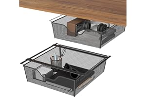 YBING Organizador de cajones para debajo del escritorio, sin taladrar, paquete de 2 cajones de almacenamiento para debajo de la mesa, cajón adhesivo oculto para suministros de oficina y hogar