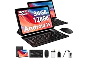FLYCOAY Tablet 10 Inch Android 15, 5G WIFI 6, 36GB RAM+128GB ROM (TF 1TB), Widevine L1, 8000mAh, Dual Camera, BT5.0,Type C, Tablet with Keyboard, Mouse, Case, Pen-Black