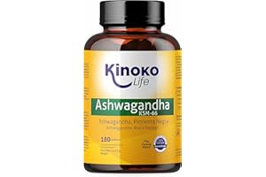 KINOKO LIFE Ashwagandha KSM-66-180 Capsules, 500mg, avec Poivre Noir, 5% Withanolides, Vegan, Sans Stéarate de Magnésium, Sans Gluten, Non OGM