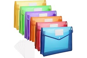 HUAJIAO A4 Plastic Wallet, 6pcs Plastic File Folder Popper Wallet Document Bag Envelope File Folder with Button Card Slots for School Office Home, Blue,Green,Orange,Purple,Red