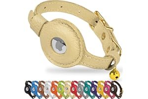 OOPSDOGGY Cat Collar with Bell for AirTag - Non Breakaway Leather Kitten Collar with Apple Air Tag Holder - Lightweight Integrated GPS Pet Collars for Girl Boy Cats, Small Dogs, Puppies (Beige)