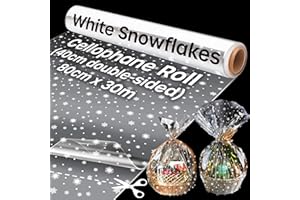 VOLILA Papel Celofan Transparente (80cm x 30m) - 1 Rollo Papel Celofan Patrón Copos de Nieve,Papel Transparente para Envolver Regalos, Ramos de flores, Canastas de Frutas, Repostería y Navidad Regalos