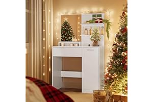 VASAGLE KAILYN Collection - Dressing Table, Vanity Table with Large Mirror, Adjustable Shelves, 1 Drawer, 2 Open Shelves, Modern Makeup Desk, White RDT119W01