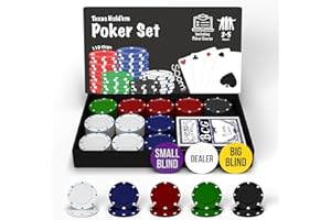 Soom Games - Set Poker per 2-5 Giocatori, Include 110 Chips, Pulsanti Big Blind e Small Blind, Pulsante Dealer, Carte da Gioco per Texas Holdem, Kit Poker Completo
