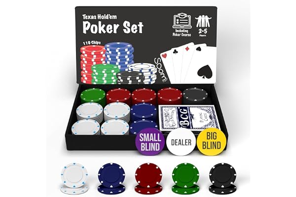 Soom Games Jeu de Poker 110 Jetons pour 2-4 Joueurs - Kit Complet avec Bouton de Donneur, Grande et Petite Blind