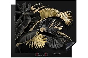 KitchenYeah© Protection Plaque Induction 60x52 cm Protege Deco Cuisine Cache Protège De Cuisson Accessoires Feuilles - Or - Noir