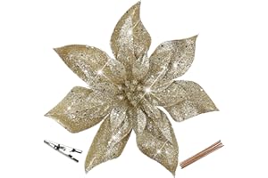 Oairse 8 Piezas de Flores Artificiales Rojas con Purpurina Grande de 23 cm con Clips, Flores de Navidad, Adornos Florales Falsos para árbol de Navidad, Vacaciones, Boda, Año Nuevo, Halloween