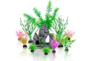 Griwuut Plantas decorativas de acuario con vista de rocalla, 12 piezas de accesorios para peceras, plantas artificiales de plástico, decoración de acuario para peceras