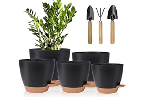 5 Pcs Pots de Fleurs en Plastique, 7/6.5/6/5.5/5 inch Pots à Fleurs/Plantes en Plastique, Auto-Arrosant avec Soucoupe de Fleur Convient aux Jardins de Balcon Intérieurs et Extérieurs(Noir Marron)