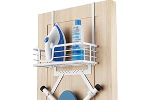 KES Over Door Ironing Board Holder with Metal Basket and Adjustable Hooks Fits 44MM Thickness Door, White Ironing Board Hanger Y-Leg & T-Leg, HIR501B-WH