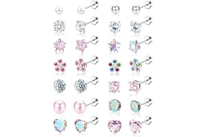 JeweBella Zestaw 14 par małych kolczyków na sztyfcie dla kobiet i dziewcząt, hipoalergiczne kolczyki ze stali chirurgicznej 316L, dla dzieci, śliczne kwiaty, perły, serce, cyrkonie, tragus, chrząstka,