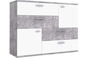 ‎FORTE FORTE Skive Kommode mit 2 Türen und 4 Schubladen, Holzwerkstoff, Betonoptik Lichtgrau / Weiß, 124.9 x 41.3 x 95.9 cm